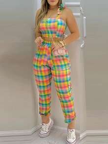 Women's Vibrant Colorful Plaid Set For Elegant June Party - Green Chess - View 2