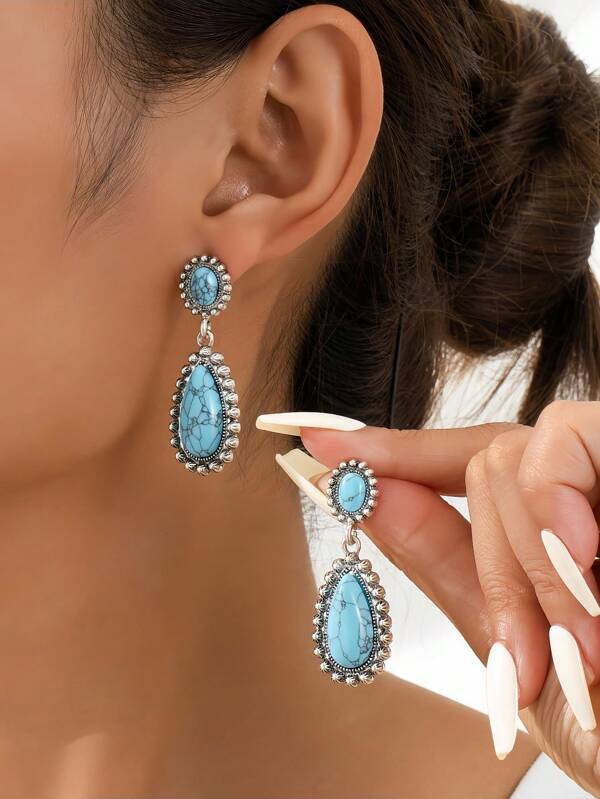 1 par de pendientes colgantes de estilo vintage con gota de aleación con turquesa sintética, adecuados para el uso diario de las mujeres
