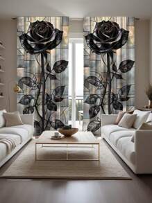 ستارتان أنيقتان مطبوعتان بنقشة الوردة السوداء والزجاج الملون، طباعة رقمية عالية الدقة، تركيب بجيب العصا، 100% بوليستر، 90 جرام/متر مربع، مناسبة لجميع الفصول، تصفية الضوء، حماية الخصوصية، ستائر زخرفية حاجبة للأشعة فوق البنفسجية