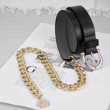 1pc Cinto com pingente de corrente de metal, cinto de couro PU com corrente grossa da moda, adequado para vestidos, ternos e jaquetas, ocasiões diárias e formais, acessório para o dia das mães, decoração de cintura elegante e minimalista, presente para a mãe
