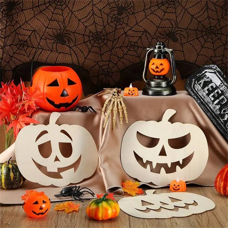 12pcs Halloween Pumpkin Face Decorations, Painted Blank Pumpkins, Pumpkin Paper Cutting Crafts With Strings, Halloween Pumpkins, Thanksgiving DIY Crafts