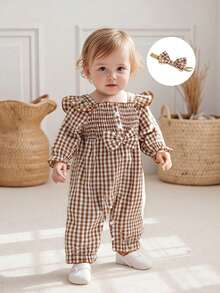 Baby Girl 2Pcs Fall Outfits Long Sleeve Square Neck Bow Front Smocked Jumpsuit With Headband Set - 咖啡色 - 查看 3