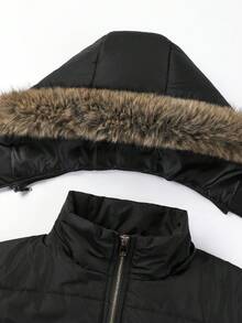 Women's Padded Coat, Casual Versatile Detachable Hooded Zipper Waist Cinched Fashionable Outdoor Solid Color Autumn/Winter Padded Coat - Black - View 4