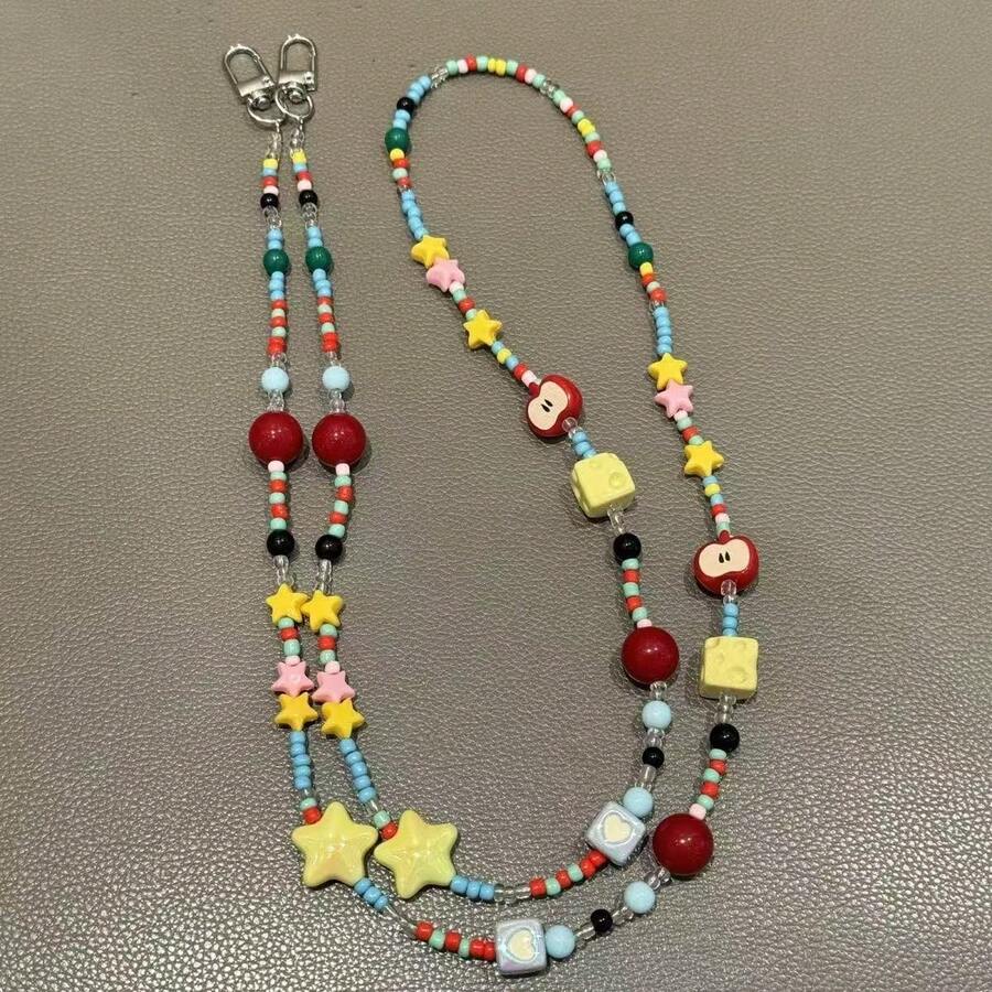 INS Handmade Beaded Colorful Star Strap, Adjustable Phone Lanyard/Camer Halter - Colorful Beads Cheese Macro Apple Diagonal - View 1