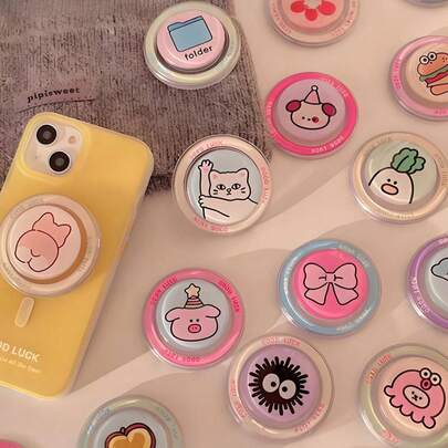 1 件可爱圆盘卡通女士树脂磁性手机支架，可折叠伸缩拉出支架，兼容 、Android 手机，生日、家人、朋友礼物推拉式手机握把手机配件