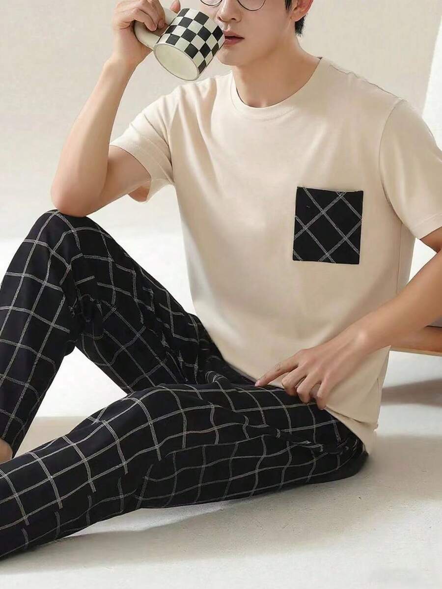 AICJ 2pcs Men's Solid Color Casual Loose Simple Wearable Spring/Summer Pocket Round Neck Short Sleeve Plaid Pants Pajama Set - Beige - View 1
