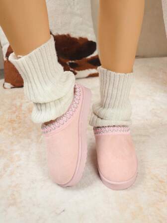 Höst/vinter Dam Plus Size Slip-On Stickad Krage Snökängor, Varma Och Lösa Inomhus-/Utomhusplyschskor, Pälsstövlar
