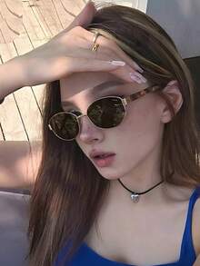 1 件金属全框豹纹优雅韩版女士时尚眼镜夏季返校驾驶露营街拍配件椭圆形墨镜