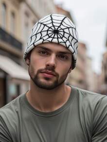 蜘蛛网黑白无檐针织帽，Y2K风格 - 彩色 - 查看 4