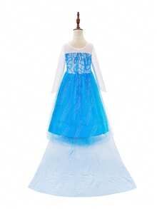 Set de 6 piezas para niñas: Vestido azul de manga larga con malla y flores, trenza de peluca, corona, varita mágica, guantes, conjunto de disfraz para fiesta de Navidad y carnaval - Azul - View 5