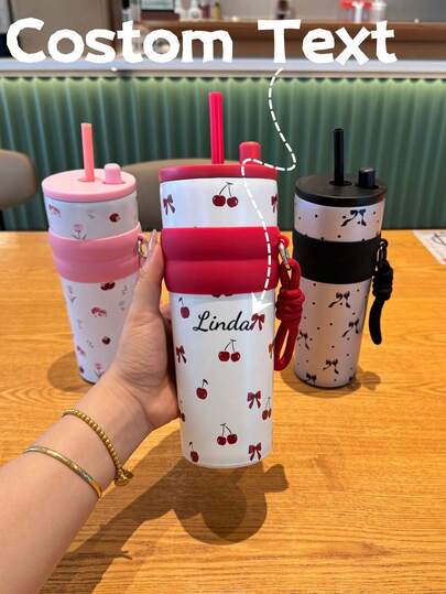 Customized Stainless Steel Coffee Cup, Drawstring Straw Cup, Small And Fresh Pattern, High Beauty Insulated Cup For Girls, Portable Water Cup