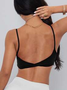 女士运动文胸，扭结后背设计，时尚纯色运动背心，带可拆卸胸垫，适合瑜伽、健身和跑步 - 黑色 - 查看 2