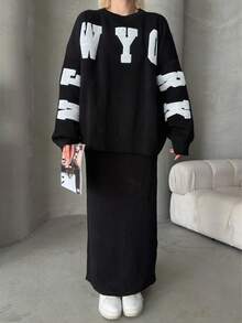 Button Detailed Skirt Set, Solid Color Casual Split Ribbed Button Co-Ord Set For Home Wear - Black - View 7