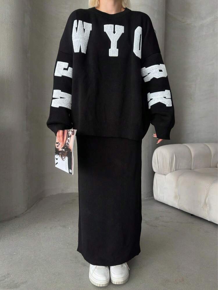 Button Detailed Skirt Set, Solid Color Casual Split Ribbed Button Co-Ord Set For Home Wear - Black - View 7