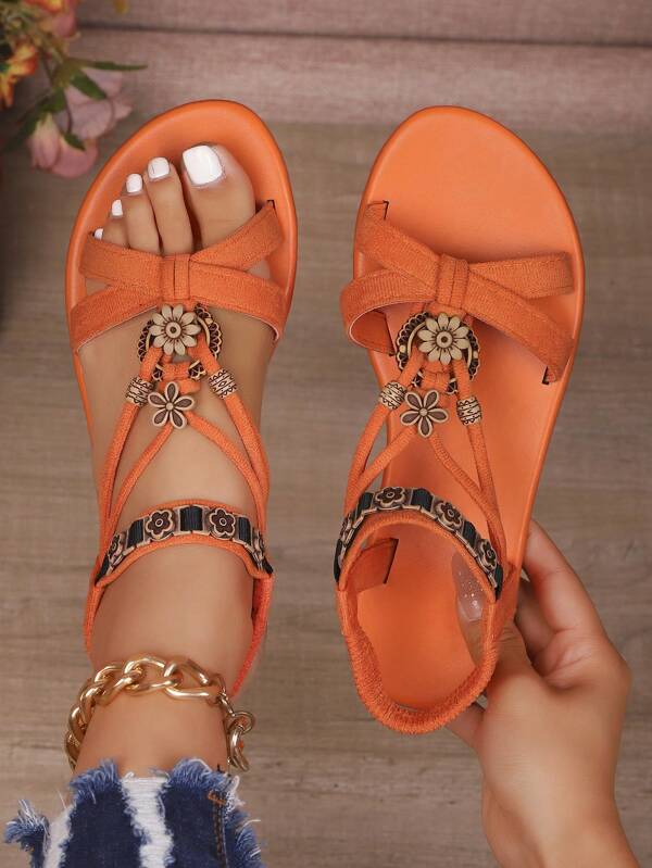 Bohemian Girl's Fashion Sandals, Summer Flat Sandals, Retro Handmade Beaded Woven Strap Flat Sandals, Lightweight And Suitable For Beach, Random Floral Retro Pattern