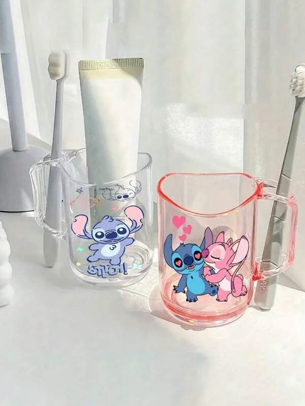 Disney 1pc Stitch & Angel Rinse Cup, Durable Plastic, Portable With Handle For Toothbrush Storage, Bathroom Decor, Tooth Brushing, Travel Mug, Great Gift