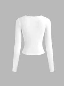 Áo thun nữ tay dài dáng ôm, màu trơn, thời trang thường ngày, màu trắng, thích hợp cho mùa xuân sớm. - trắng - Xem 3