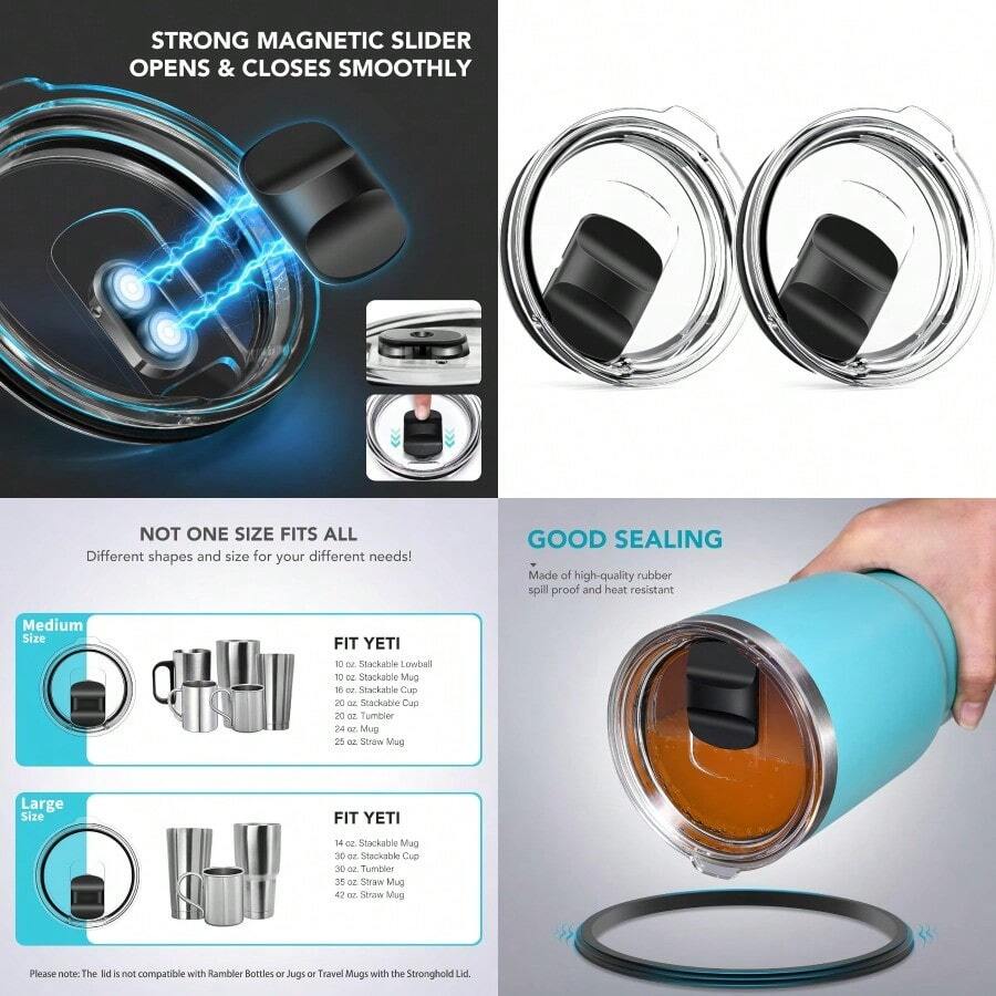 20 Oz Tumbler Lid Replacement Lids Patible For  20 Oz Tumbler 10 24 Oz Mug 10 Oz Lowball And 25 Oz Straw Mug Travel Sof Cup Covers With Magnetic Slider Switch - 黑色 - 查看 1