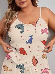 1 pieza Pijama de tirantes para mujer talla grande con estampado lindo de dinosaurio, cuello redondo, tirantes finos, espalda descubierta, para primavera y verano