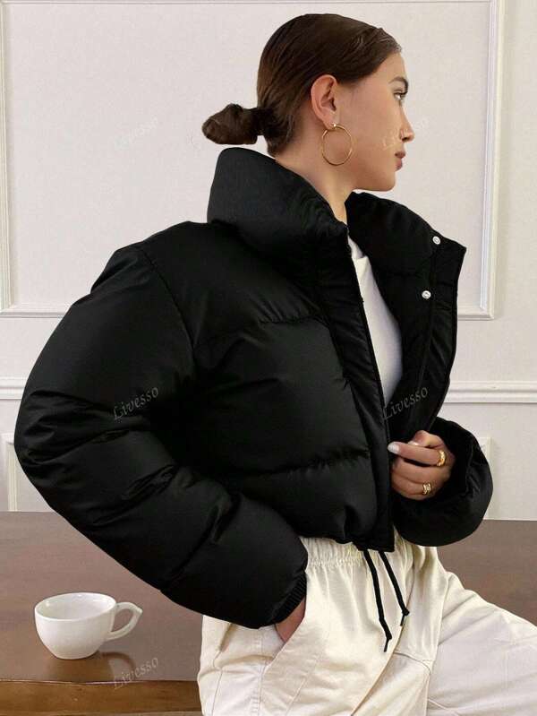 Livesso Drawstring Hem Drop Shoulder Zipper Padded Coat ,Winter Women Clothes,Winter Coat Women