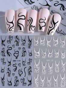 2 件法式黑白 5D 亚克力指甲贴纸线条心形涂鸦美甲图案法式漩涡 DIY 自粘 5D 浮雕图案美甲装饰用品适合女士女孩 - 黑與白 - 查看 5