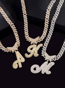 2 pièces Pendentif lettre papillon scintillant pour femmes, chaîne en alliage de zinc plaquée de rhinestones AAA chatoyants. Bijou parfait pour les fêtes, anniversaires, Noël, la Saint-Valentin et le port quotidien - Idée de cadeau pour maman, Fête des mères