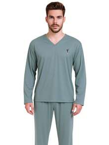 Men's Long Pajamas Adult Long Sleeve Long Trousers - Màu xanh Bạc hà - Xem 3