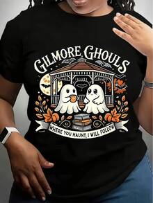 Men's Vintage-Inspired Gilmore Graphic T-Shirt Wherever You Go, I'll Follow Design,  Casual Crew Neck, Short Sleeve, Summer Tee For Adults, Gray With Spooky Halloween Theme, Casual
