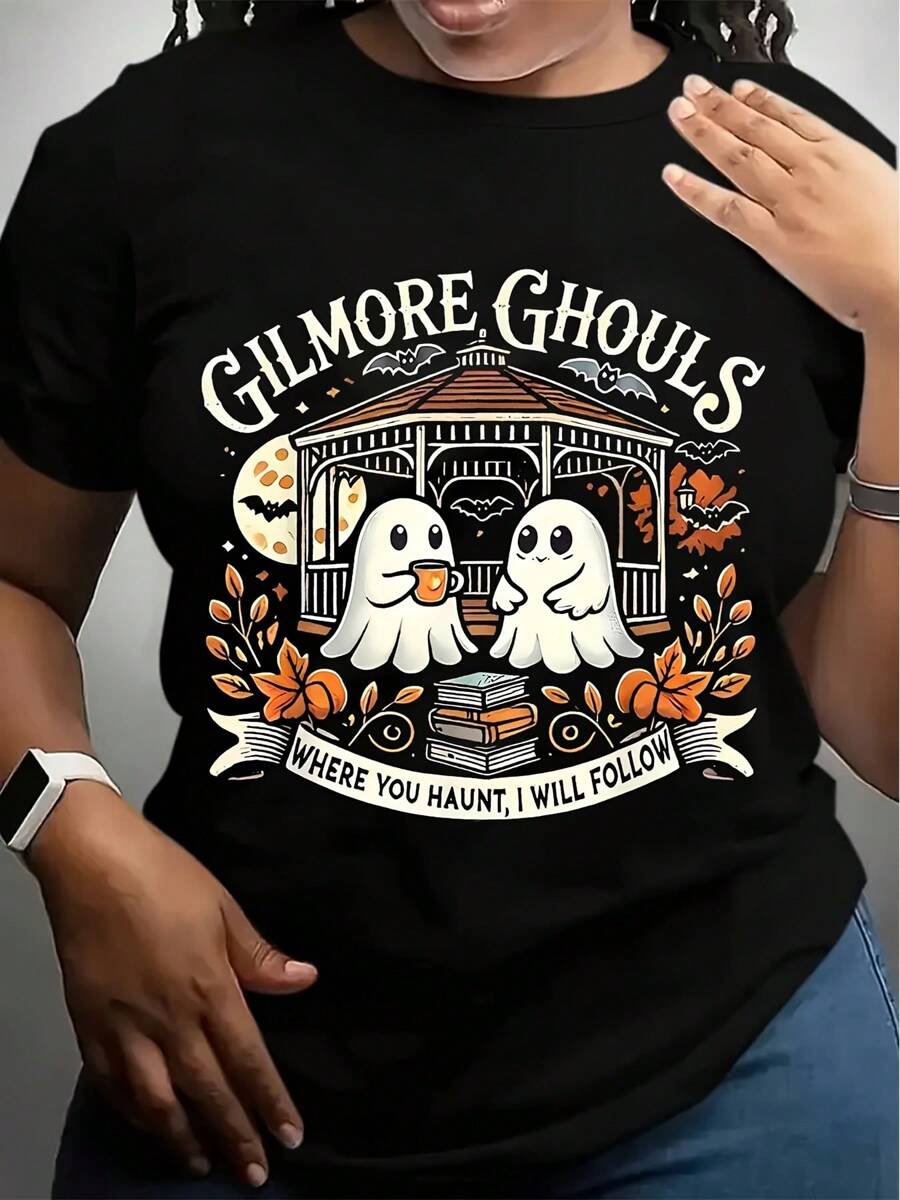 Men's Vintage-Inspired Gilmore Graphic T-Shirt Wherever You Go, I'll Follow Design,  Casual Crew Neck, Short Sleeve, Summer Tee For Adults, Gray With Spooky Halloween Theme, Casual