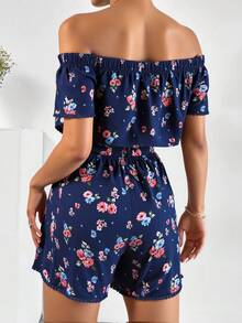 Jumpsuit dama mujer mono enterizo jumper short estampado flores manga corta hombros descubiertos encaje flecos pompones casual cómodo fresco ligero verano femenino juvenil playa calor vacaciones día primavera romántico bohemio - Azul - Ver 2