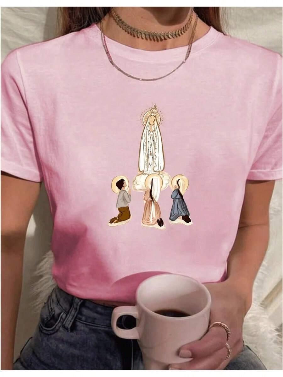 Camiseta T-Shirt Nossa Senhora de Fátima 100% Algodão - Rosa Bebê - Visão 1