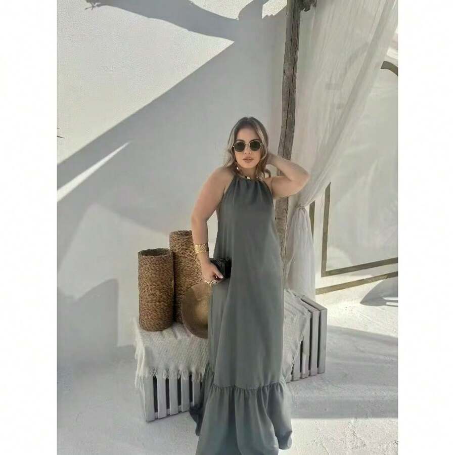 Women's Halter Backless Dress With Padded Cup H-6 - Grey - View 1