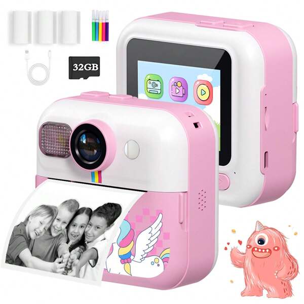 2025 Sofortbildkamera für Kinder, mit 3 Papierrollen & 32 GB SD-Karte, 5 farbige Stifte, 1080P HD Digitalkamera für Mädchen und Jungen im Alter von 3-12 Jahren, 2,4 Zoll Bildschirm tragbares Spielzeug, perfektes Weihnachts- und Geburtstagsgeschenk für Kinder 3-12 Jahre alt