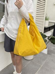 Spring & Summer New Yellow Nylon Fabric Handbag, Large Capacity Solid Color Shoulder Bag, Casual Japanese Style Tote Bag, Versatile College Student School Bag, Simple Fashion Handbag, Short Trip Travel Bag With Multi Zipper & Crescent Pocket Design - 黃色 - 查看 5