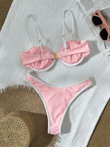 Bikinx Summer Beach Mesh Sexy Underwire Bikini Set, Contrast Color Swimwear - Pink - View 5