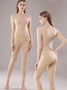 2Set Thermal Set Women Seamless Black Pink Top Ultra-Thin Solid Thermal Underwear Warm & Comfy Long Sleeve Round Neck Traceless Undershirts Slim Fit High-Elasticity Women's Beige Base Layer Sheer Tops Casual Warm For Autumn And Winter Thin Fabric Basic Base Shirt