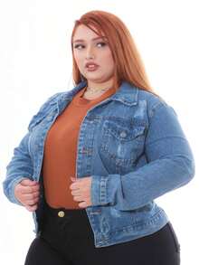 Plus Size Denim Jacket With Frayed Edges - Medium Wash - View 1
