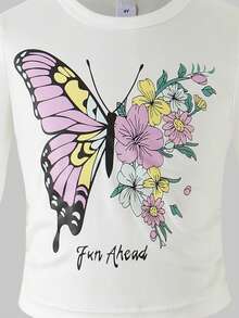 2 pezzi set di t-shirt a maniche lunghe e pantaloni in maglia morbida e comoda con stampa di lettere inglesi e farfalle/fiori, adatto per l'abbigliamento da esterno in autunno/inverno per ragazze