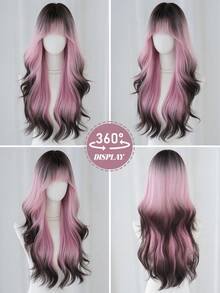 NAMM 26 Inch Ombre Pink Black Wavy Wig Loose Long Body Wave Wig With Bangs High-Quality Heat-Resistant Fiber Synthetic Long Curly Wig For Fashion Women & Girls Party Cosplay Use (Gradient Black Pink) - Pink - View 6