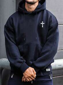 男士休闲简约十字印花抽绳连帽衫，带口袋，适合返校季、秋冬季穿着，长袖上衣