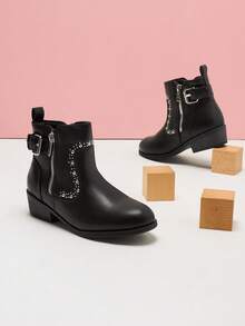 Girls Mid Calf Riding Combat Boots Zip Ankle Boots - Black - View 3