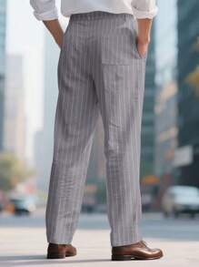 Mens Straight Fit Chino Pants Mid Rise Stripes Print Dress Pants Flat-Front Linen Pants