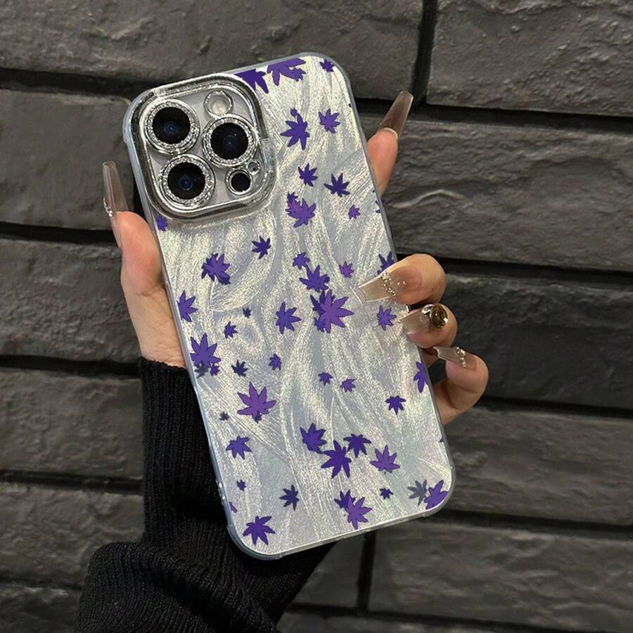 Funda para teléfono (1 unidad) con estampado morado, perforaciones finas y tejido de hilo con plumas, tecnología IMD. Diseño moderno y elegante. Compatible con teléfonos 16/15/14/13/12/11 Pro/Promax Plus/X/Xsmax. Unisex. - Plateado - Ver 1