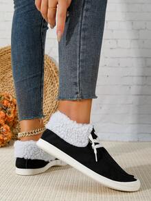 女士时尚经典黑色保暖内衬休闲鞋，圆头轻便系带乐福鞋，秋冬款