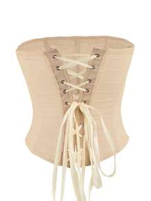 Y2K 女士优雅半透明网纱紧身胸衣上装，带钢圈，前系带，夏季塑身衣 - 杏色 - 查看 2