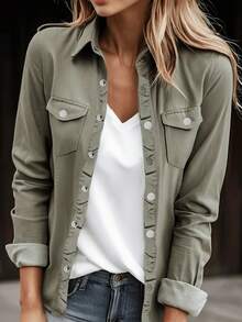 Women's Casual Denim Shirt Jacket, Paired With Pleated Edge Decoration, Suitable For All Seasons, Suitable For Daily Outings, Dates, Parties