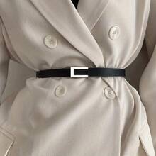 Women's Geometric Buckle PU Thin Belt, Solid Color Fashion Belt, Classic Retro Dress Coat Waist Belt - [銀色] - 查看 10