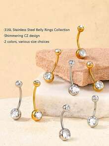 Stainless Steel Double-Headed Rhinestone Belly Button Ring, Stainless Steel Shiny Rhinestone Belly Button Ring, Simple And Shiny Gold, Suitable For Women's Daily Wear - Yellow Gold - View 4