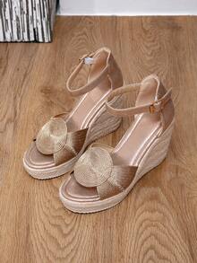 Platform Thick Bottom Waterproof Wedge Hemp Rope Roman Sandals - Champagne - View 6