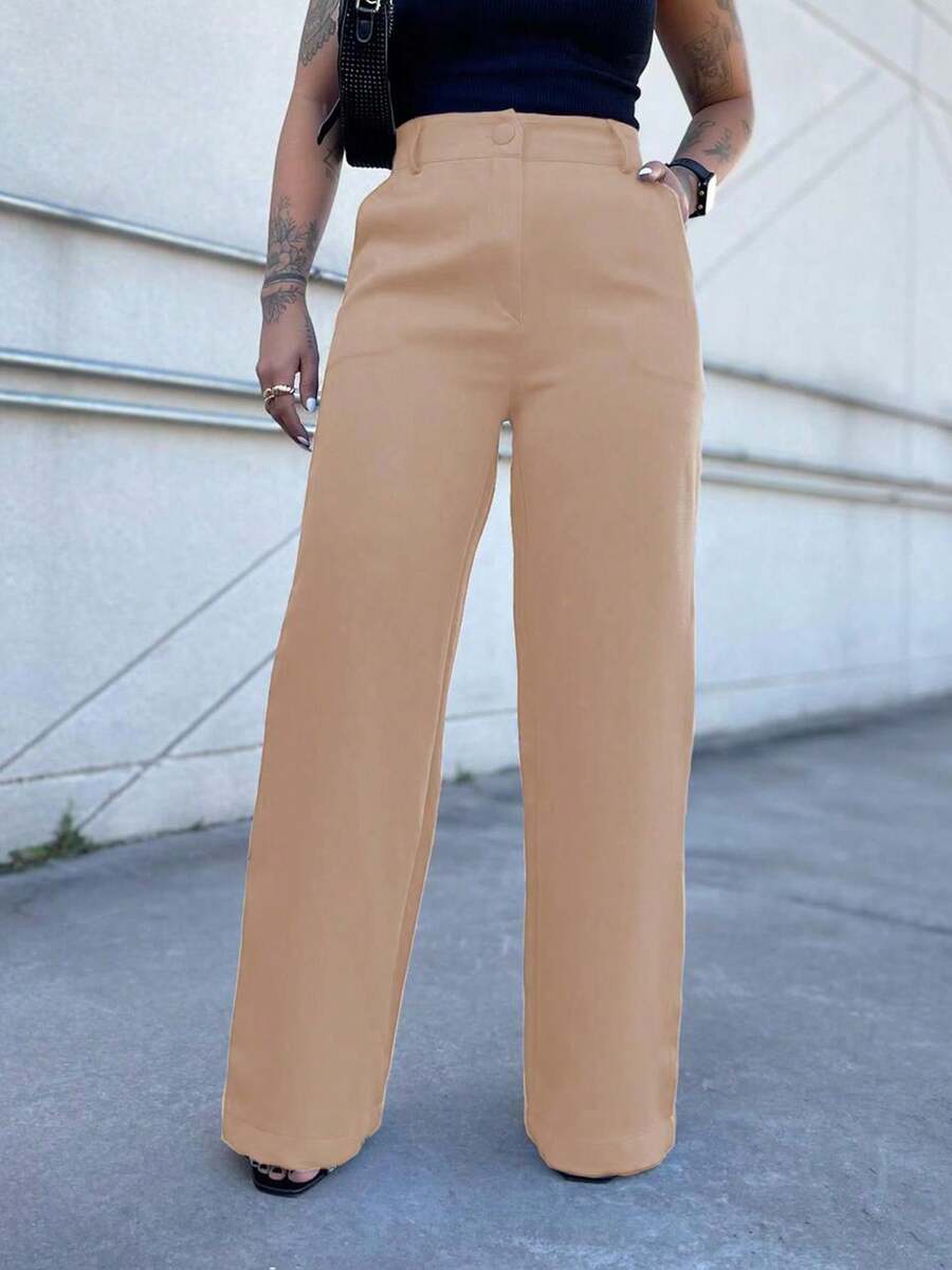 MODA MO, REF: 4714 | Women's Wide-Leg Pants, High Waist, Functional Side Pockets, Romantic Fabric With Lycra Cotton Polyester Elastane, Stylish Bell Bottoms, Monsca Zipper, Modeling That Lifts The Hips, Super Comfortable Fit, Elegant And Versatile Formal Piece For Everyday Wear - 卡其色 - 查看 1